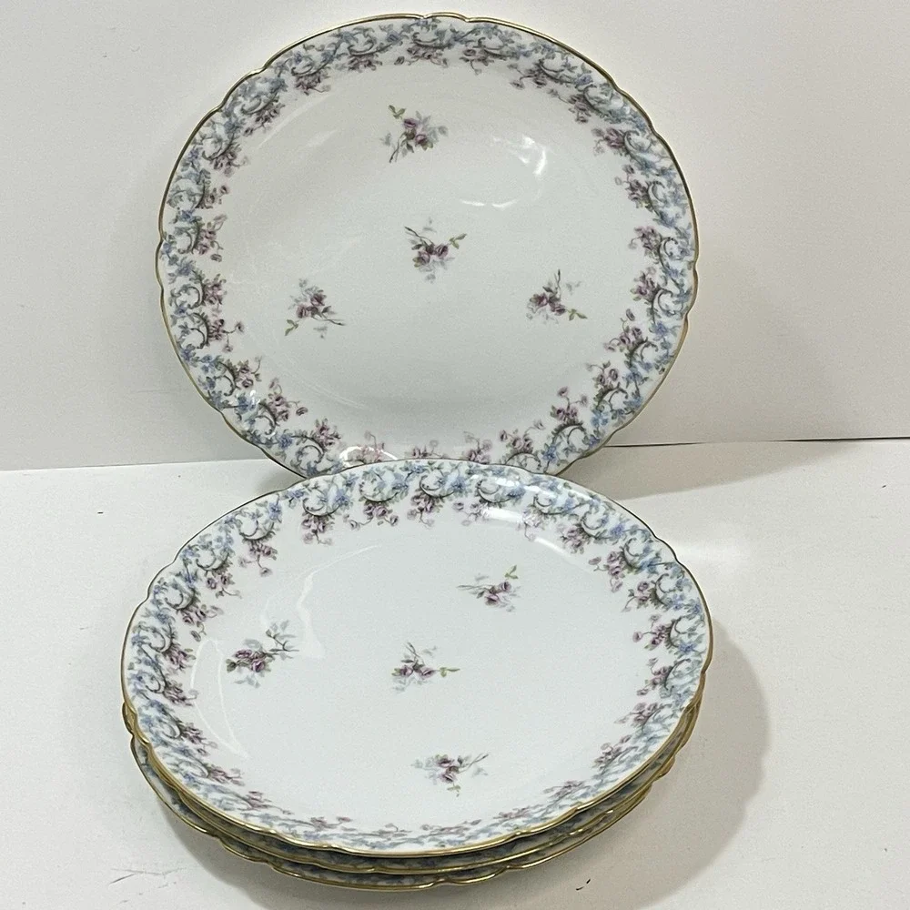 Set of 4 JPL Jean Pouyat Limoges‎ France Pink Blue Garland Floral Plates 8.5